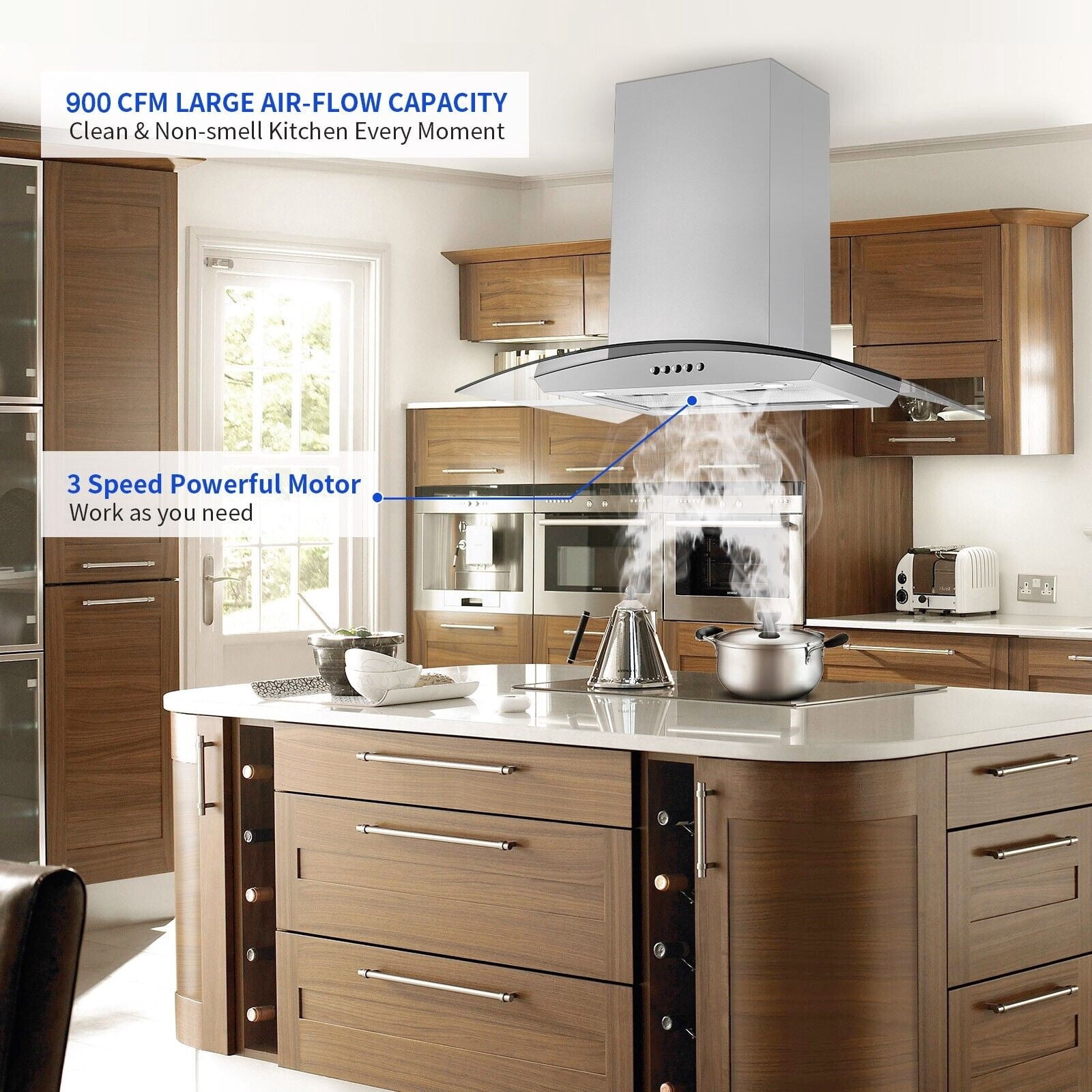 Joeaonz Island Mount Range Hood in Stainless Steel with LED Lights & Easy-Clean Filters, 120V