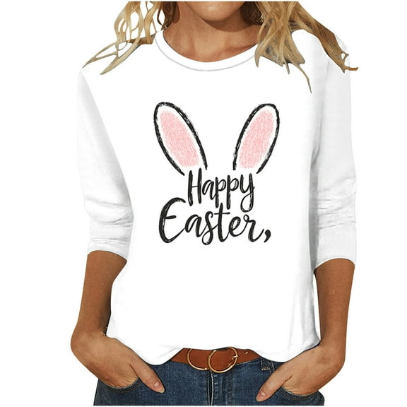 Idoravan Summer Blouses for Women Plus Size Women's Easter Printed Round Neck 3/4 Sleeve T-shirt Loose Top Short Sleeve Round Neck Top/Shirt