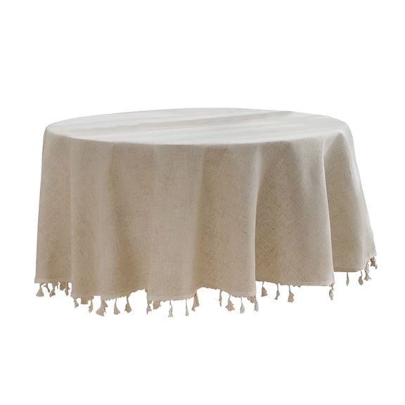 AUQ Cotton Linen Fabric Tassel Round Tablecloth Dust-Proof Table Cover for Kitchen Dining Tabletop Home Decoration for Round 30 to 48" Linen Tablecloth