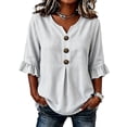 thumbnail image 2 of Hfnxid 3/4 Sleeve T Shirts for Women Loose Fit Striped Ruffle Shirt Button Up V Neck Blouses Dressy Casual Fall Clothes Gray XL, 2 of 6