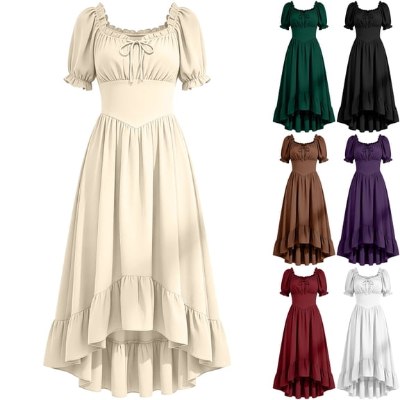 Womens Renaissance Dress Medieval Peasant Chemise Cottagecore Fairy High Low Ruffle Hem Puff Sleeve Dress for Halloween Costume Cosplay, Beige, XL
