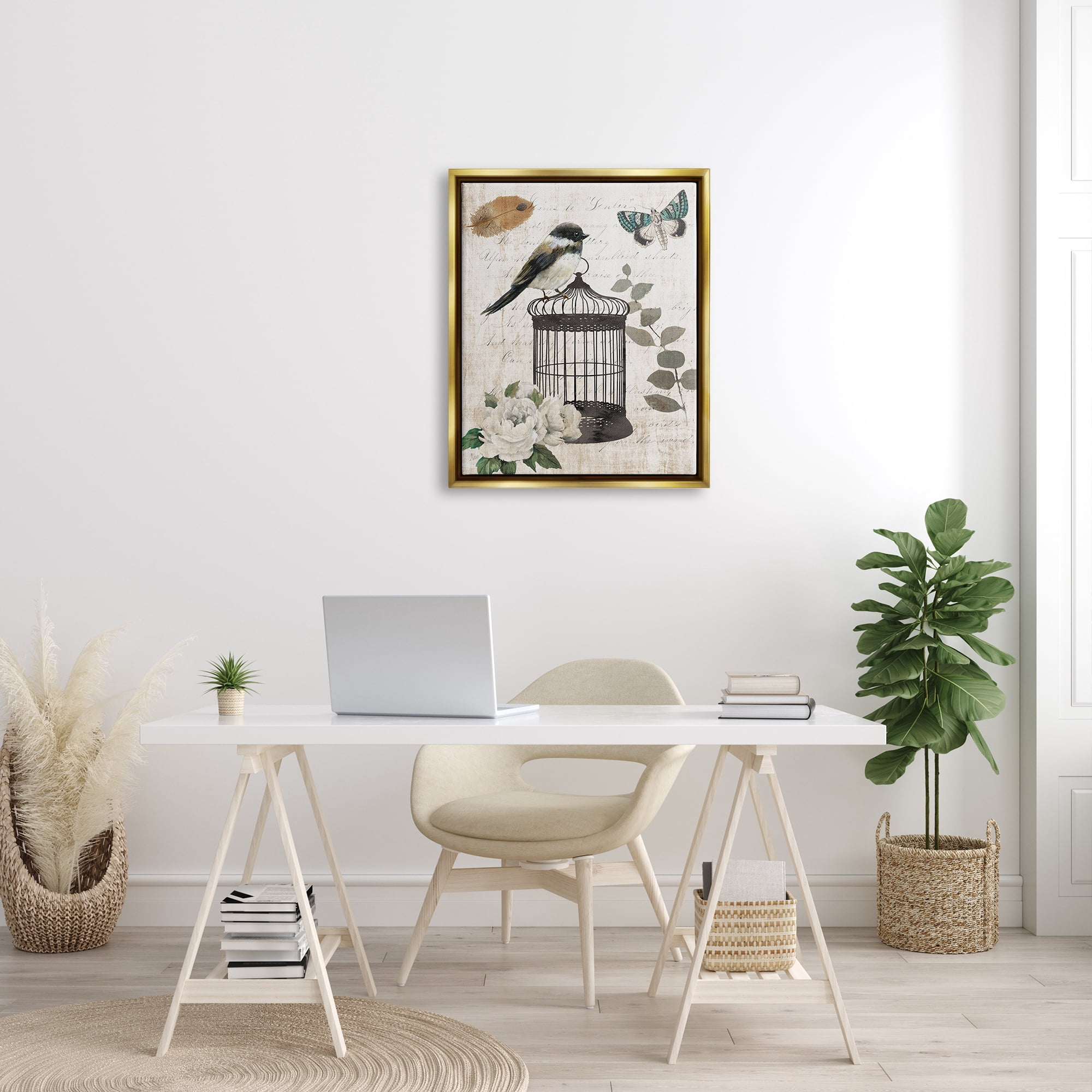 Stupell Industries Vintage Bird Cage Butterfly Floral Script Words Graphic Art Metallic Gold Floating Framed Canvas Print Wall Art, Design by Nan