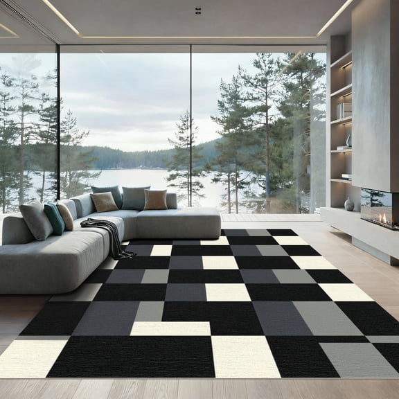 ODIKA 6'x9' Machine Washable Non-Slip Area Rug, Geometric Black High Traffic Rug, Gray, 966823
