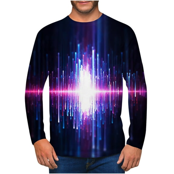 IROINNID Reduced Mens Pullover Shirts Long Sleeve Round Neck Pullover Electric Wave 3D Printed T-Shirt Blouse,Purple