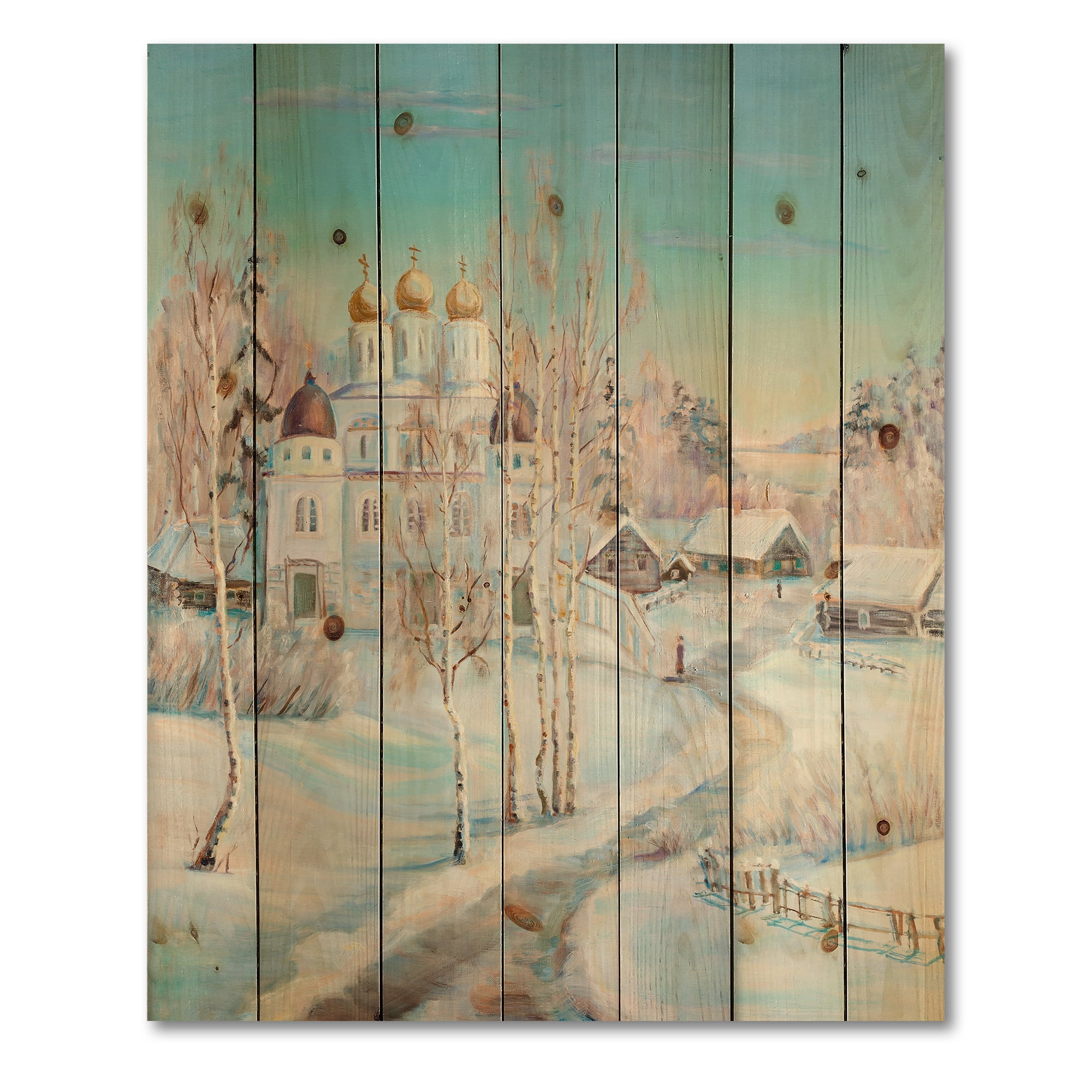 Designart 'Temple Over Country Road In Winter Landscape' Traditional Print on Natural Pine Wood