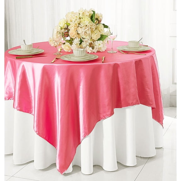 Wedding Linens Inc. 85 inch Square Satin Table Overlay Toppers - Bubble Gum