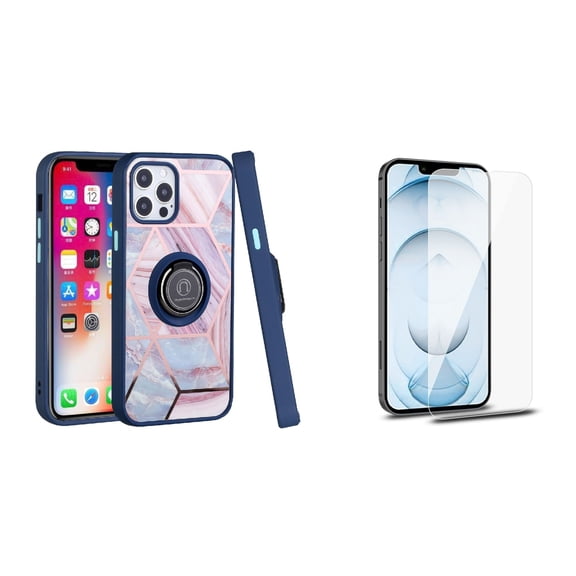 Bemz Ring Series Case for iPhone 14 Pro Max (TPU Silicone Cover with Magnetic Stand) with Tempered Glass Screen Protector - Blue on Pink Marble