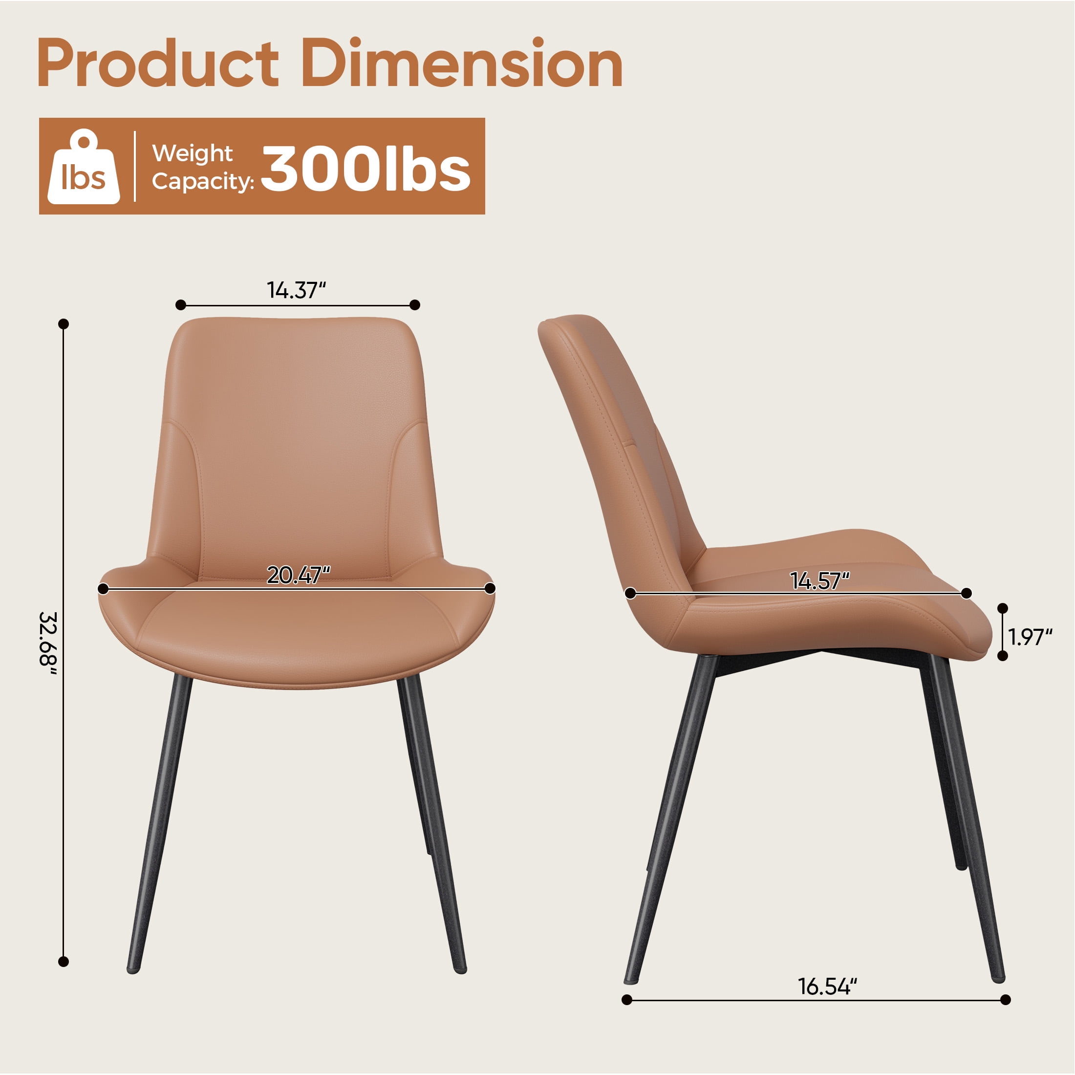 MOONMISS Dining Chair Set of 2,Upholstered with Ergonomic Backrest Metal Legs for Kitchen Office Reading,Brown