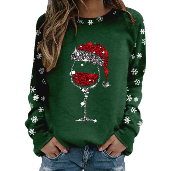 Fiaer Christmas Women Sweatshirts Shine Glass Snowflakes Xmas Pullovers Crew Neck Plus Size Baggy Trendy Tops Green XXL