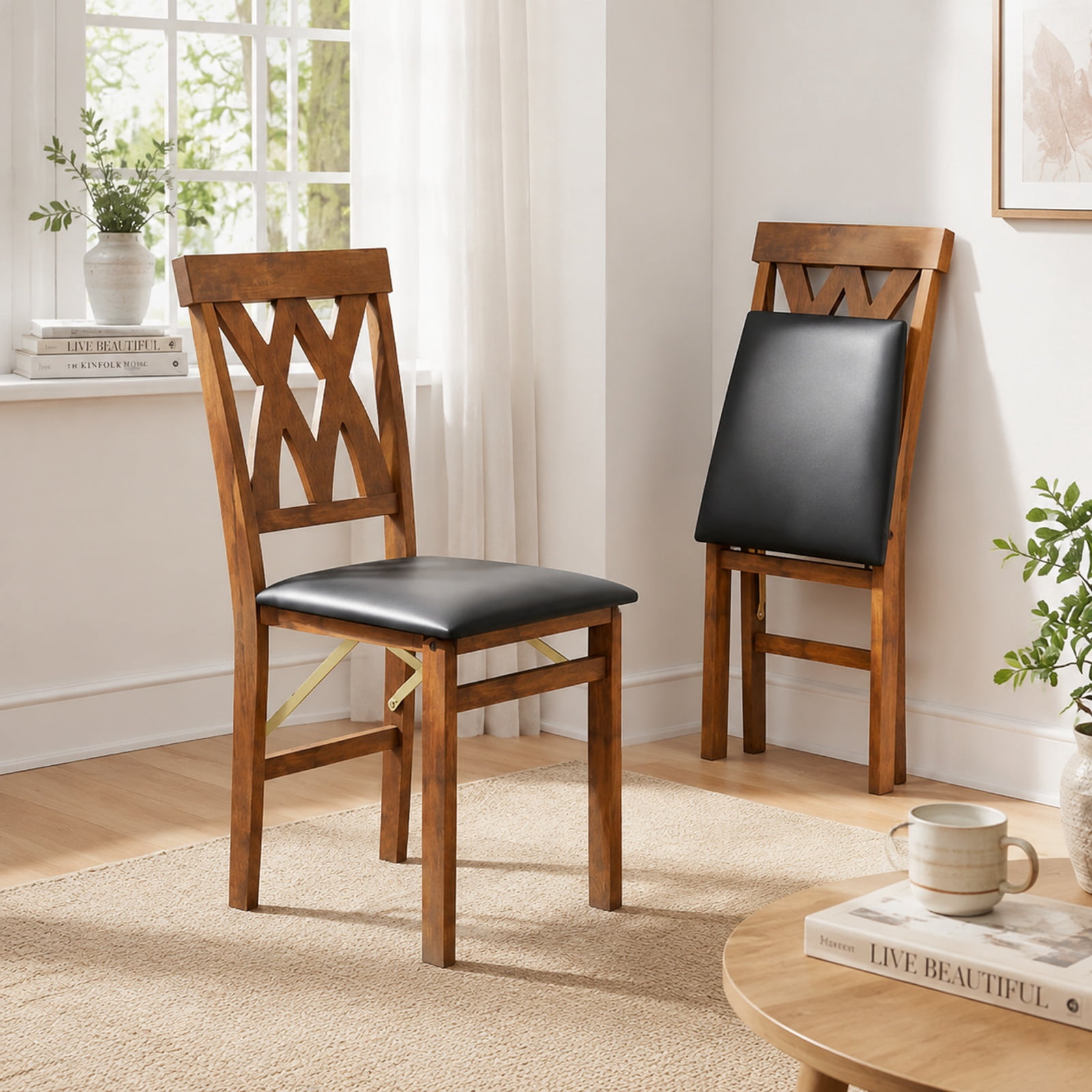 Furnibear Folding Wooden Dining Chairs Set of 2 Faux Leather Upholstered Armless Kitchen Chairs for Small Rooms Apartment, Walnut