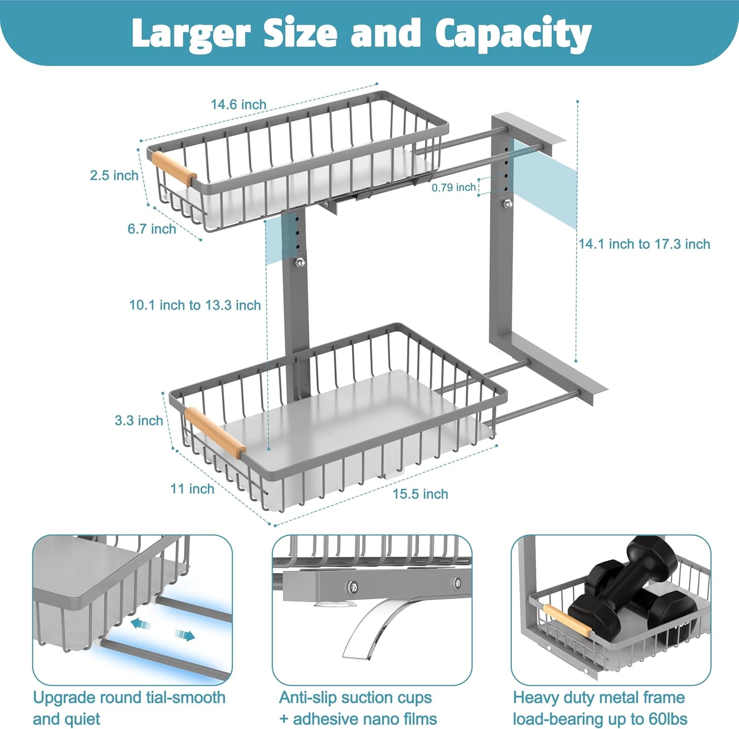 Under Sink Organizer 1 pack, 2 Tier Slide Out Under Sink Organizers And Storage, Height Adjustable Pull Out Cabinet Organizer Drawers, Kitchen Bathroom Metal Sink Storage Shelves
