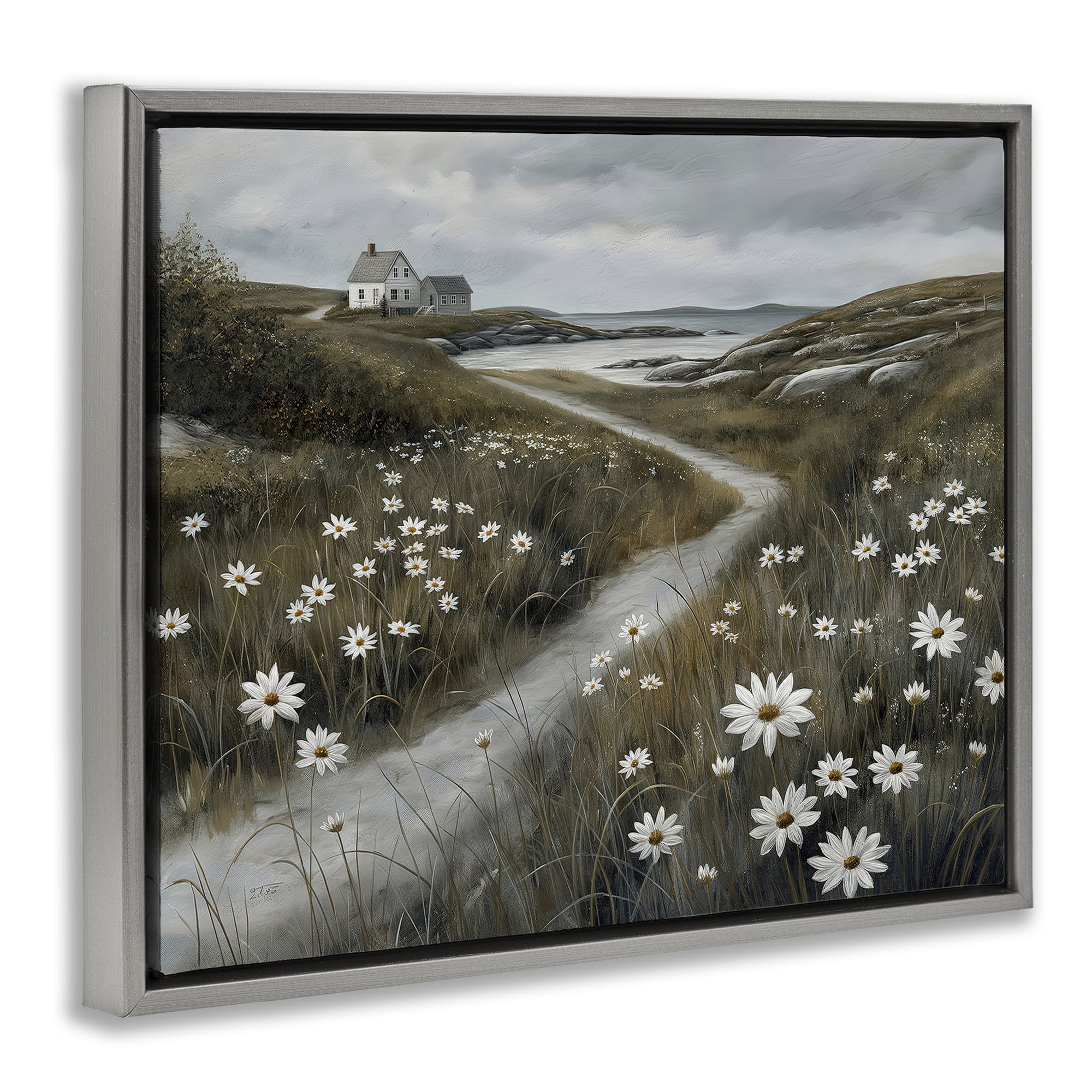 Stupell Industries Daisies Along Coastal Path Gray Framed Floater Canvas Wall Art, design by Imagine It Images