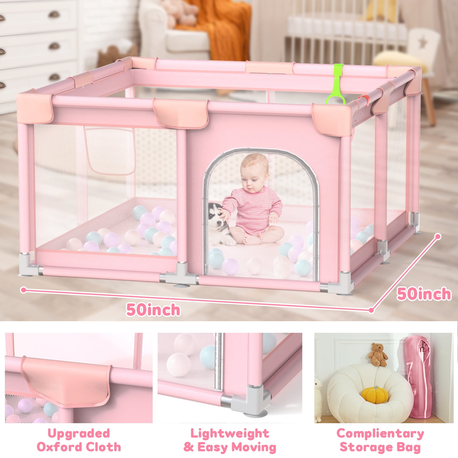 JoyStone Baby Playpen, 50 x 50 in, Non-Slip Base, Soft Mesh Sides, 2 Pull-up Rings, Carry Bag, Pink