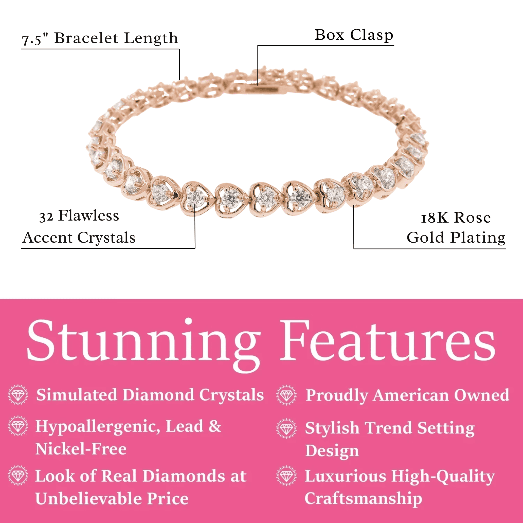 Cate & Chloe Rosalie 18k Rose Gold Plated Tennis Bracelet with Simulated Diamonds Gift for Women