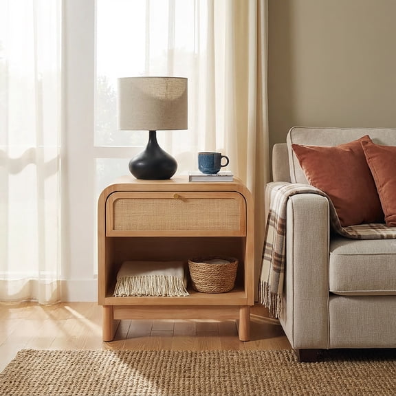 Christopher Knight Home 23.6" Boho Rattan Nightstand, Bedside Table with Drawer & Open Shelf, Natural