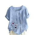 thumbnail image 2 of Lydiaunistar Hauts Grande Taille pour Femmes Printemps Col Rond Manches Courtes Blouse Boutonnée T-Shirt Léger Confortable Été Automne Mode Bleu Clair, 2 of 4