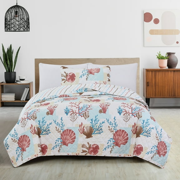 Great Bay Home Coastal Beach Reversible Reversible Quilt Set With Shams  (Twin, Seabreeze)