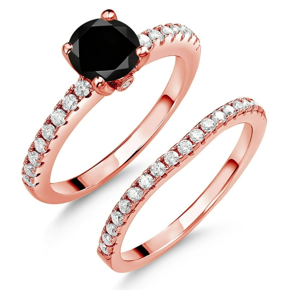 Gem Stone King 18K Rose Gold Plated Silver Black Diamond and White Moissanite Wedding Engagement Band Bridal Set Ring for Women (1.54 Cttw, Gemstone April Birthstone, Available in Size 5, 6, 7, 8, 9)