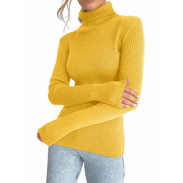 Suéteres Acanalados para Mujer, Lindos Suéteres de Punto de Cuello Alto, Ajustados y Cálidos Amarillo un Tamaño
