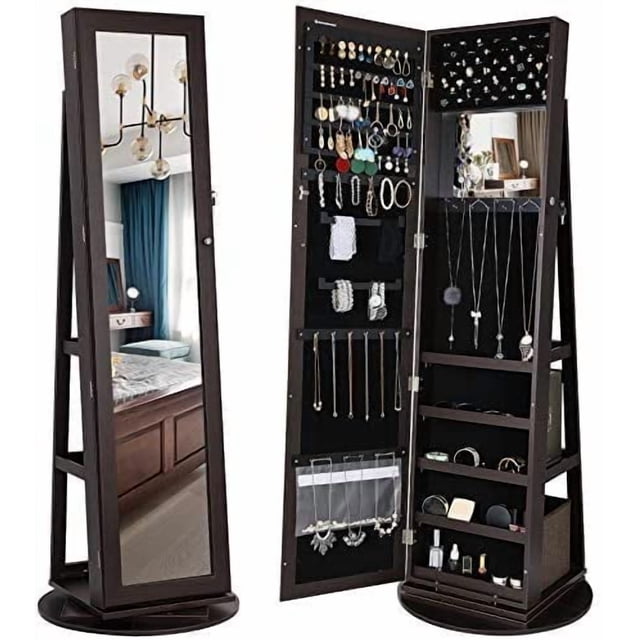 SONGMICS Espejo Joyero, Armario de Joyas, Giratorio 360°, con Cerradura y Llave, Idea de Regalo, Marrón