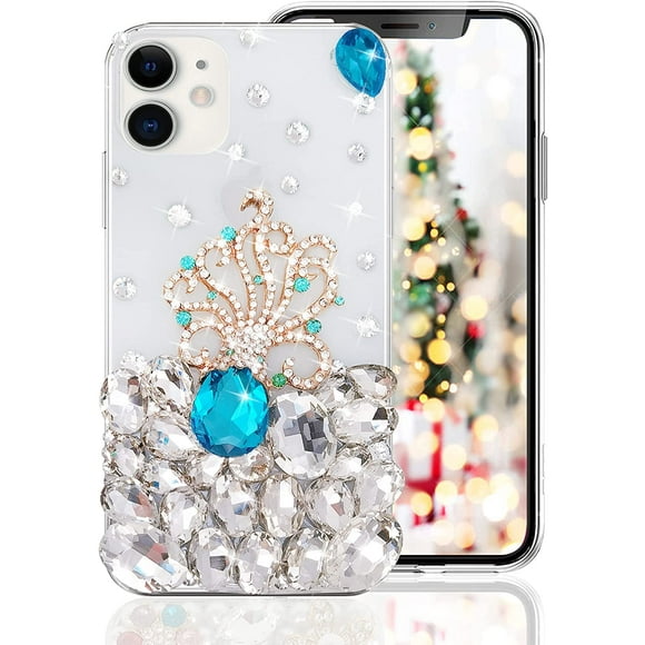 for iPhone 12 Mini Bling Diamond Case for Women Cute 3D Octopus Rhinestone Crystal Shiny Sparkle Handmade Gemstone Protective Cover Luxury Fashion Glitter Case for iPhone 12 Mini 5.4 inch Blue