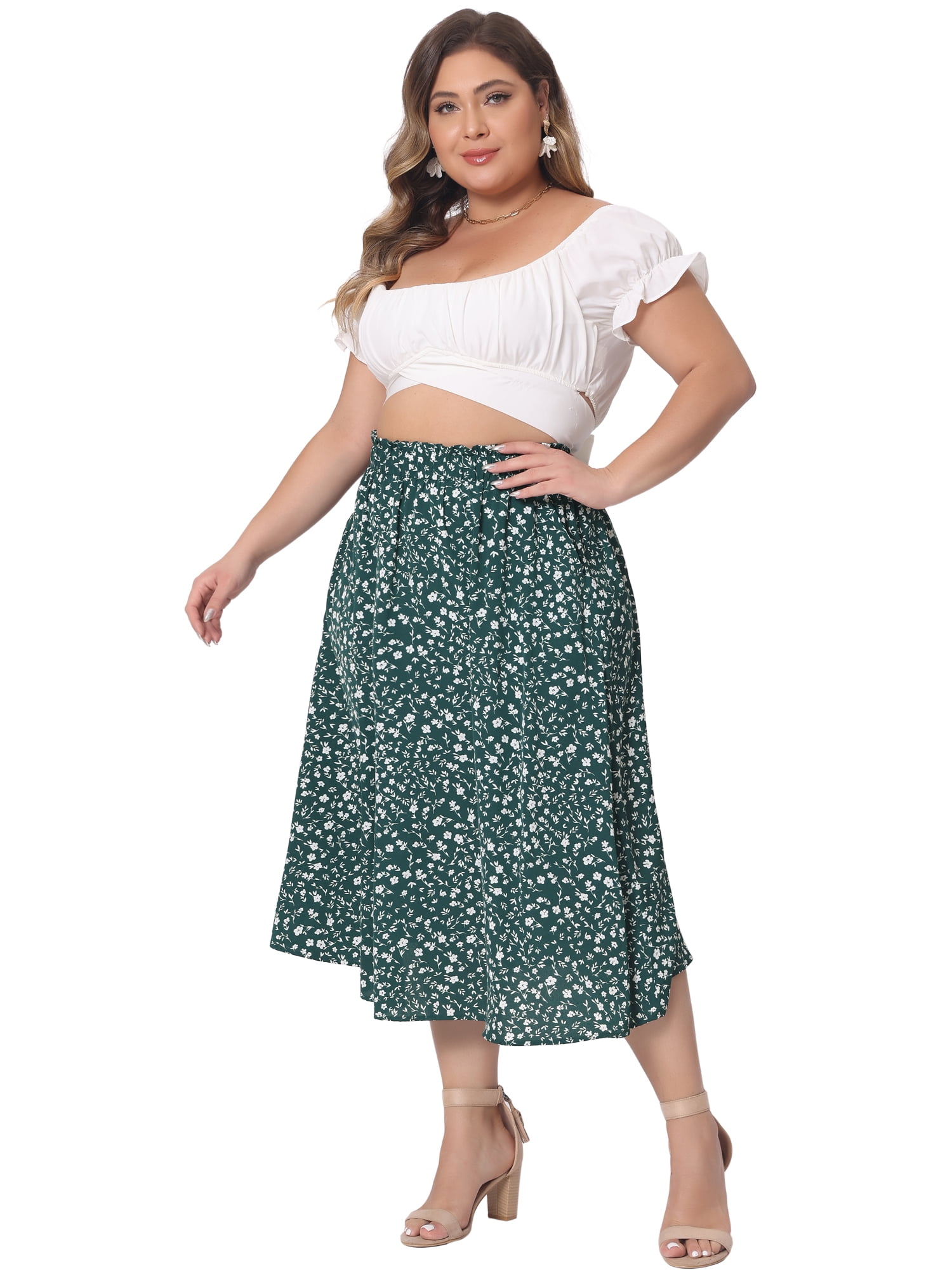 DARING DIVA Women's Plus Pleated High Waist Midi Casual Floral Skirt 2XL Dark Green