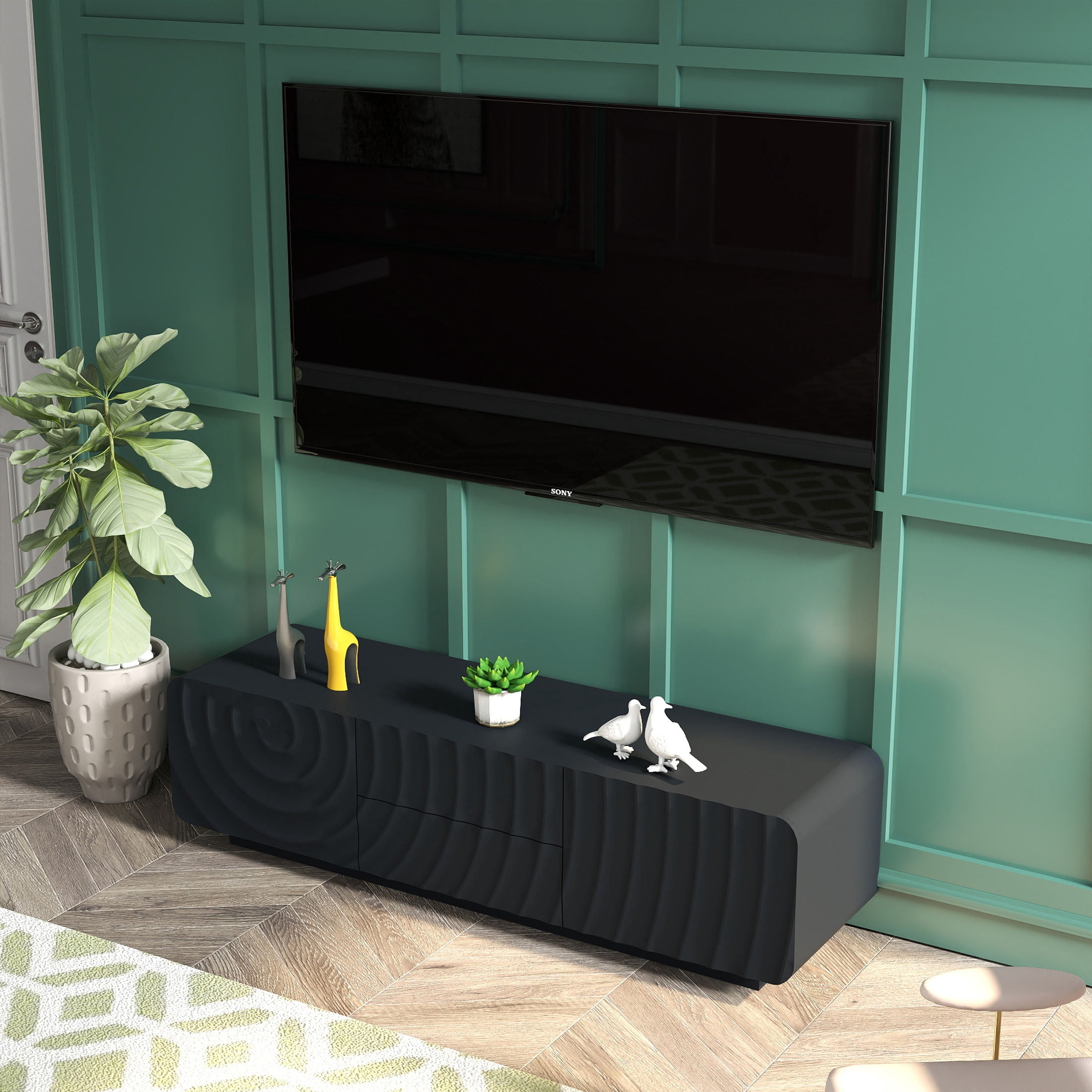 Noble House Mavor 58" Modern TV Stand Console with Storage Drawers, Spiral Wave Pattern Cabinet for Living Room, Black