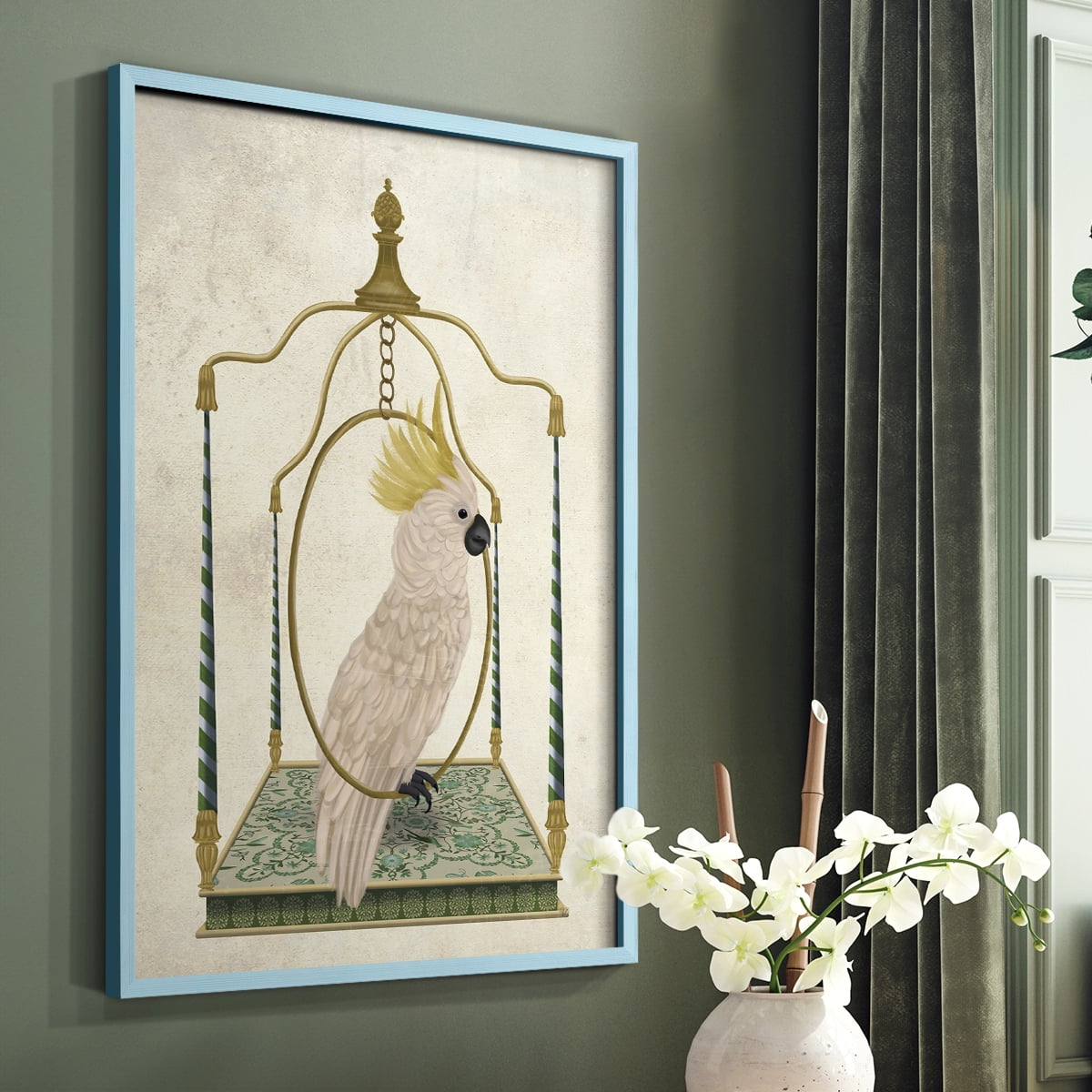 White Cockatoo on Swing Framed Print in Blue Solid Wood 11 x 14 Framed Print
