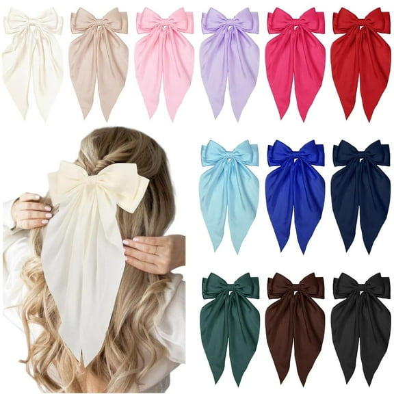 12PCS Hair Bows for Women Big Silky Satin Bow Clips with Long Tails Oversized, Cute Hair Accessories for Women, Aesthetic Large Ribbons Bow (Multicolor)