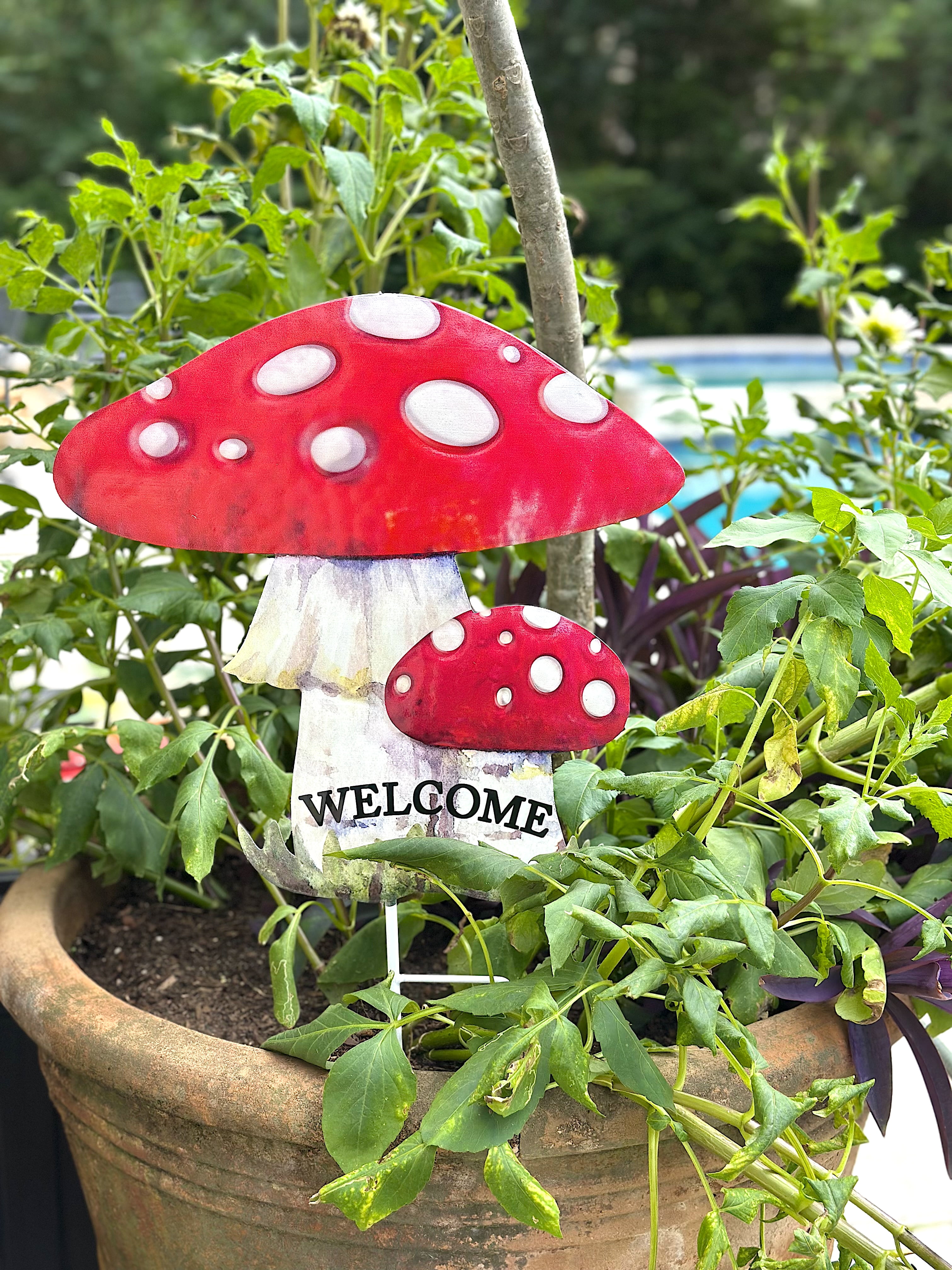 Garden Stake Large Mushroom Welcome Decor Lawn Yard Decorative Bright Outdoor Statue Pick 24" x11"