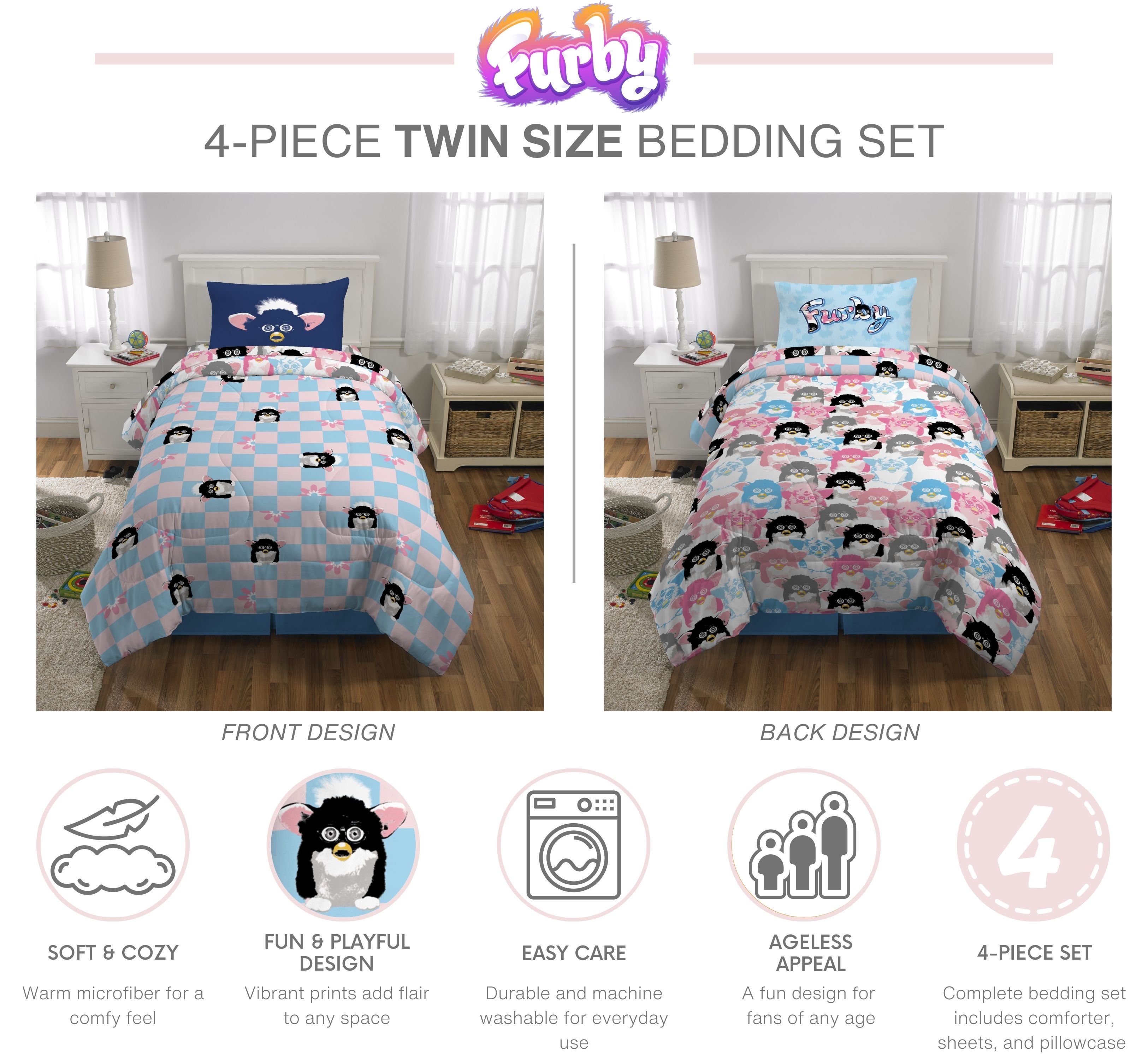 Furby Kids Twin Bed in a Bag, 4Pc Bedding Set, Comforter and Sheets
