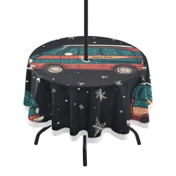 Round Tablecloth 60*60 Inches Round Tablecloth Outdoor Style Tablecloth With Umbrella Holes Tablecloth Outdoor Suitable For Kitchens and Dining Rooms Christmas Cute Truck