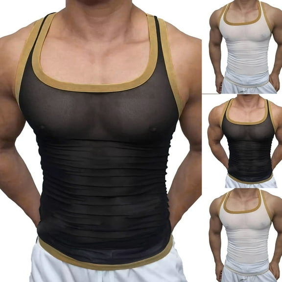 RYDCOT Men's Mesh Fishnet Muscle Tank Top See Through Shirts Fitted Square Neck Tee Clubwear White