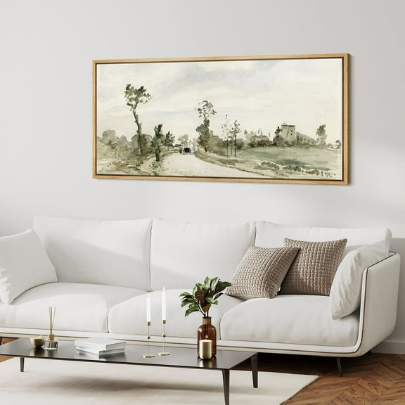 IDEA4WALL Extra Large Framed Canvas Print Wall Art Countryside Watercolor Tranquil Farm Retro Fine Art Monochrome Pattern Vintage Wall Decor Oversized Artwork Relax/Calm for Living Room - 60"x30"