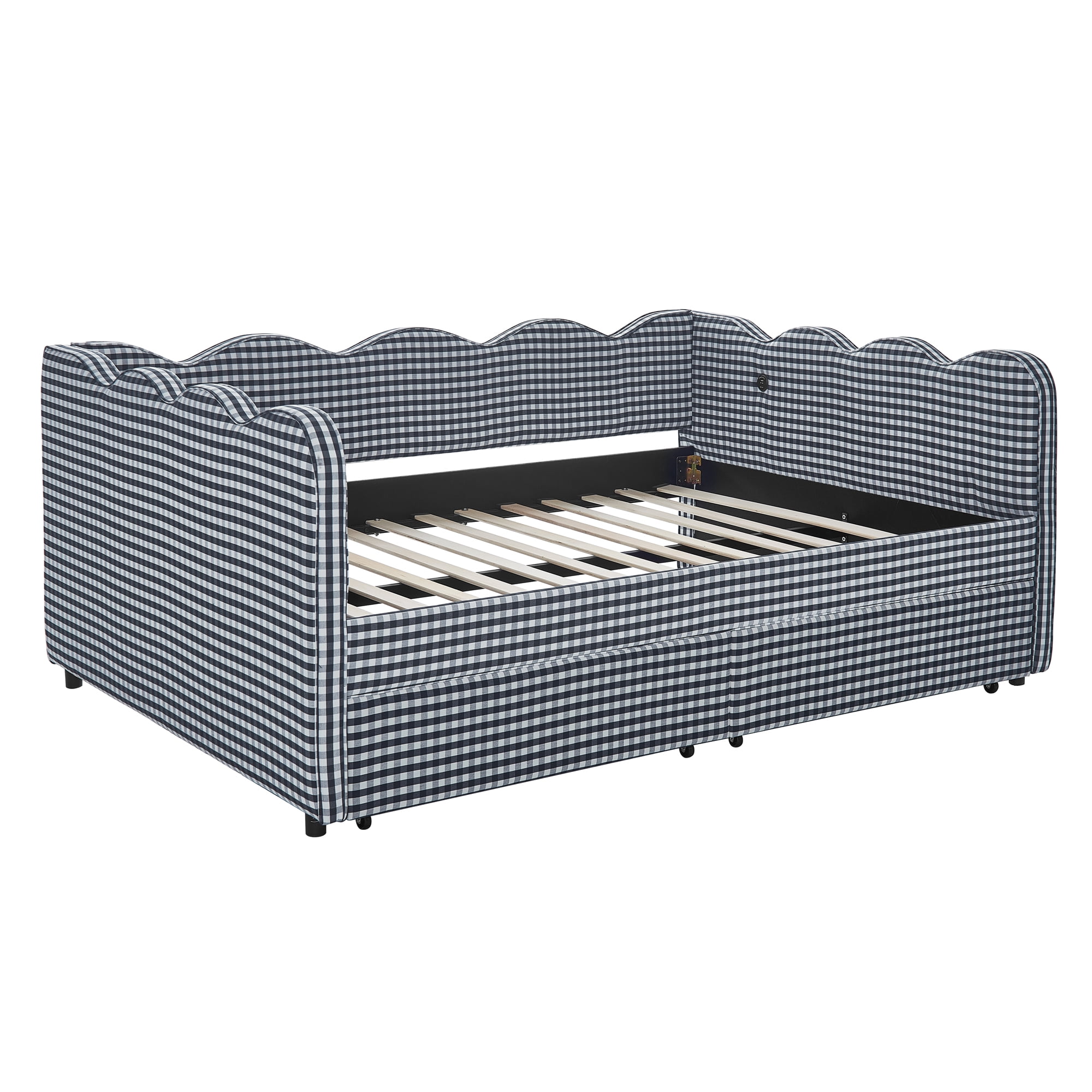 Full Size Daybed with Storage Drawers and USB Port, Upholstered Linen Sofa Bed Frame with Wave Design, Kids Guest Bed for Bedroom Living Room, Navy Blue