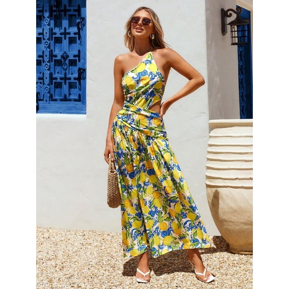 Yellow Lemon Print Halter Neck Open Back Maxi Dress For Women Summer Vacation Beach Style