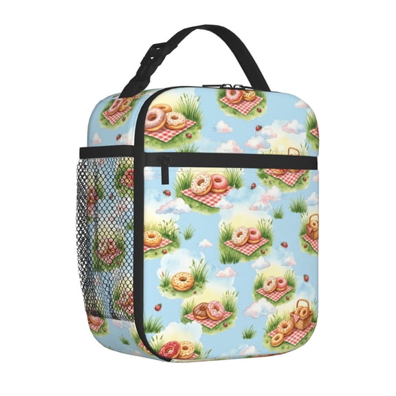 Donut Lunch Bag Insulated Reusable Cooler Tote Portable Meal Prep Bag Side Mesh Pocket Work Office Picnic Travel Daily Use Lightweight Zippered Organizer