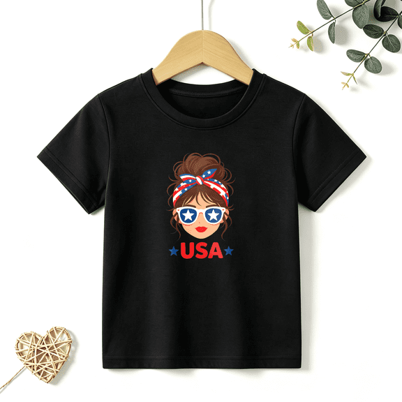 Girls Graphic Tees USA Messy Bun Flag Kids T Shirt 4th Of July 100% Cotton Short Sleeve Soft Tops 4-13Y