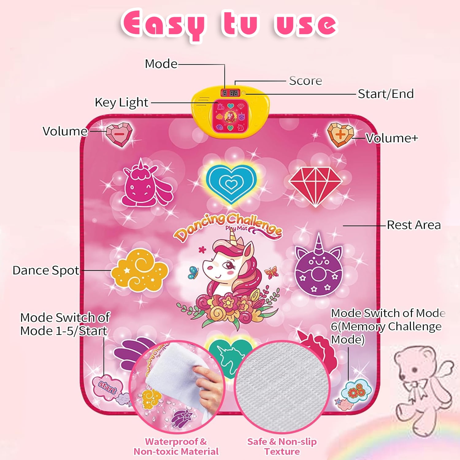 Sunforu Unicorn Dance Mat Toys for 3-12 Year Old Girls, 6 Game Modes Educational Musical Dance Pad,Christmas Birthday Gifts for Kids