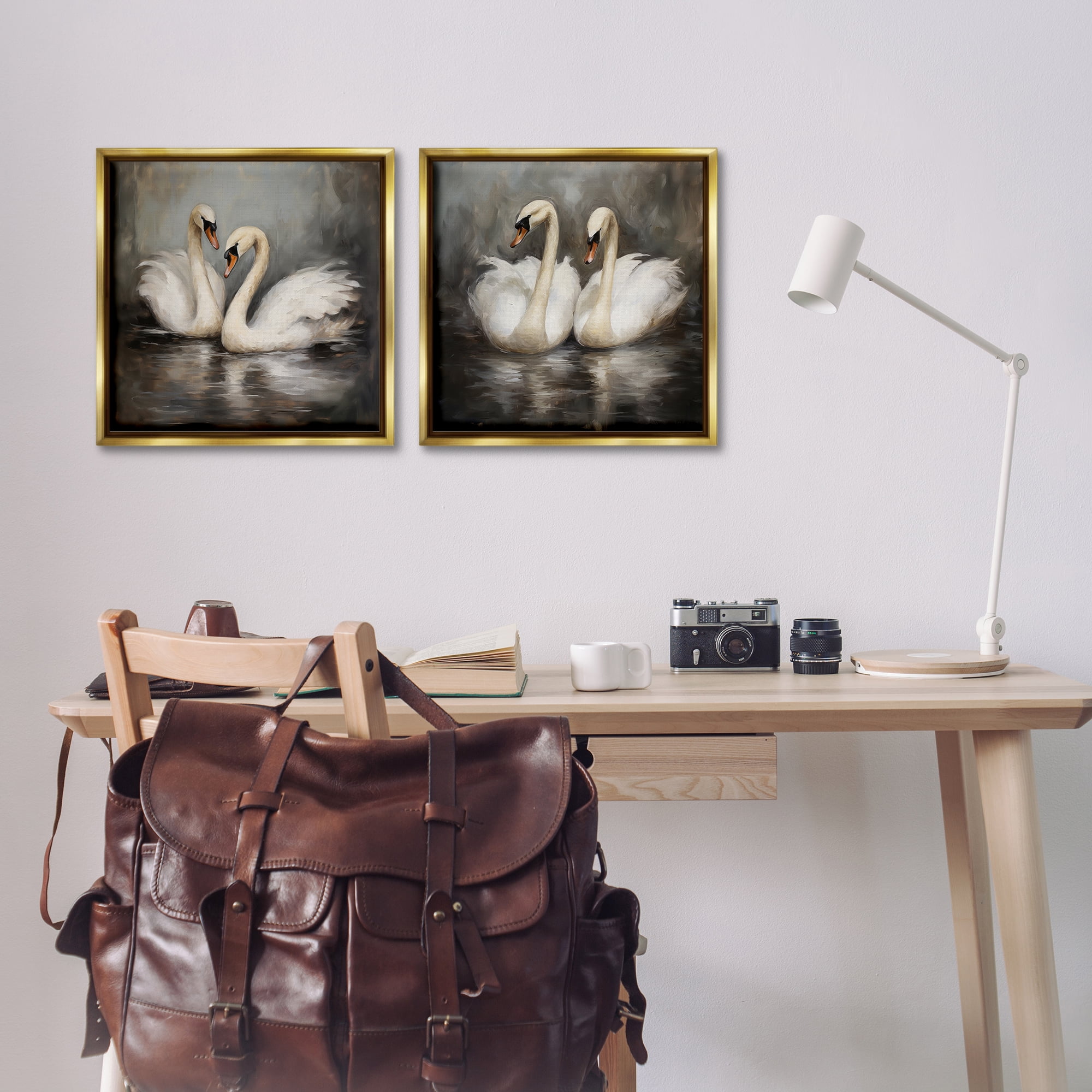 Stupell Industries Twin Swans with Reflections Animals Painting Gold Floater Framed Canvas Art Print Wall Art, 18 x 18, Set of 2