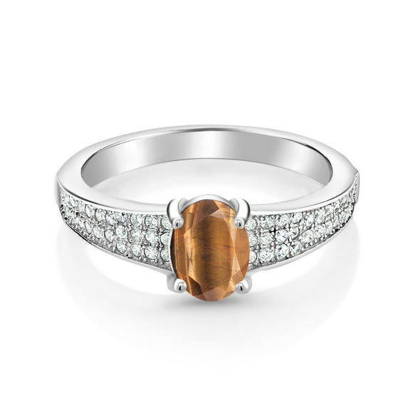 Gem Stone King 925 Sterling Silver Brown Tiger Eye Engagement Ring for Women (1.73 Cttw, Oval 8X6MM, Gemstone Birthstone, Size 5)