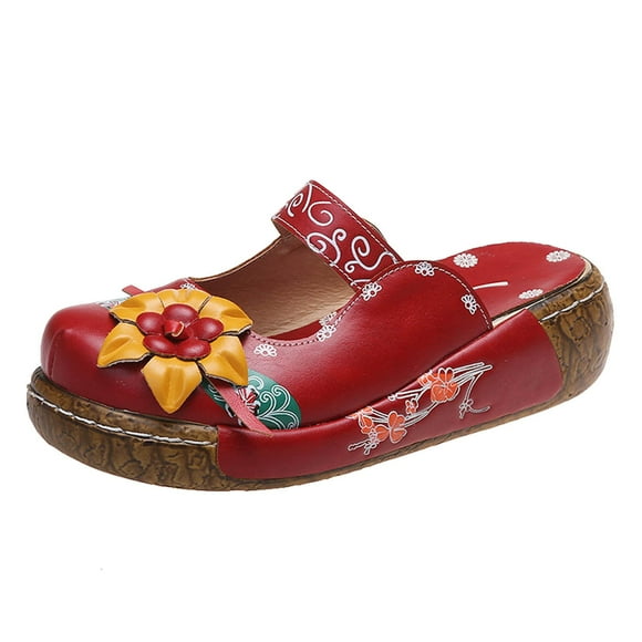 IUJSOY Platform Sandals for Women Closed Toe Slip on Mary Jane Slides Retro Flower Decor Printed