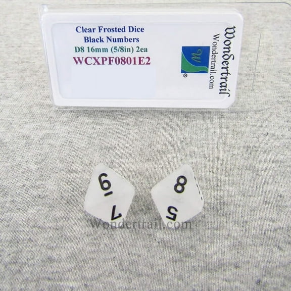 Clear Frosted Dice with Black Numbers D8 Aprox 16mm (5/8in) Pack of 2 Wondertrail