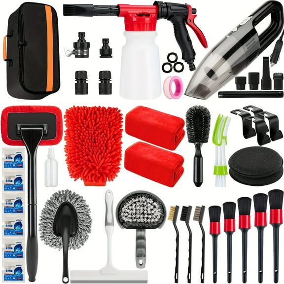 Complete Interior Exterior Detailing Set - Car Wash Cleaning Kit With Foam Gun Sprayer, Detailing Brushes, Car Vacuum, Windshield Cleaning Tool, Tire Brush, Towels