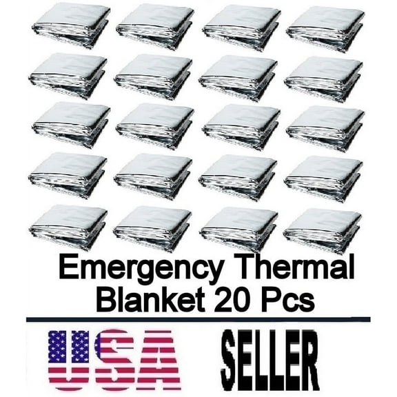 20 Packs Emergency Mylar Thermal Blanket for Survival First Aid Kits Army Outdoors Hiking Camping Bug Out Trauma Desert All Weather Condition Protection Silver