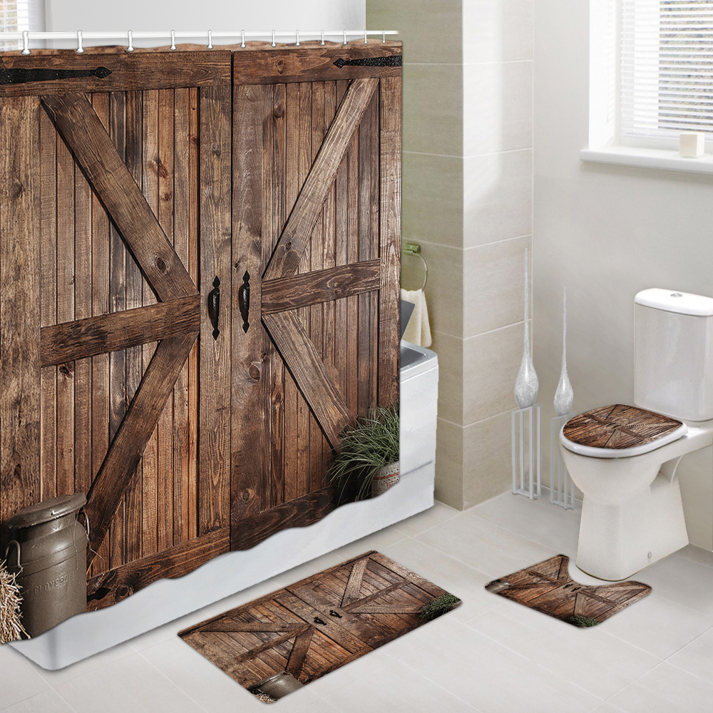 Rustic Barn Door Shower Curtain Set with Hooks 69 x 70Inch, Bathroom ...
