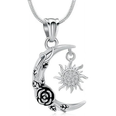 Personalized Cremation Jewelry for Ashes Crescent Moon and Sun Urn Necklace for Women Men Custom Photo / Text Stainless Steel Cremation Jewelry