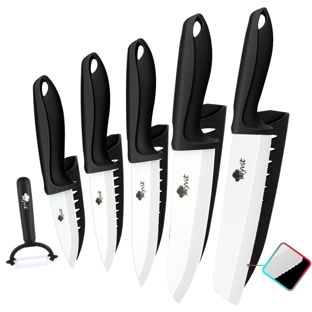 6PCS Ceramic Knives Set for Kitchen 5-Piece Sharp Paring Knives with Covers and a Peeler,Sharp 6-inch Serrated Bread Knife Fruit Cutter 3", 4", 5" Inch
