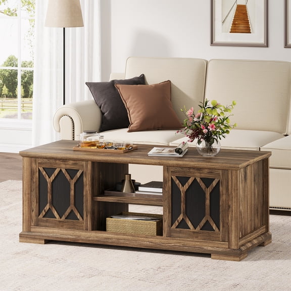 47 inch Rectangle Wooden Coffee Table with Storage Cabinets and Adjustable Shelves
