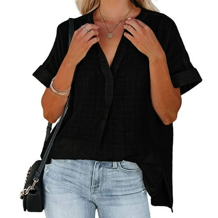 

Women s V-neck short sleeve striped thin loose plaid shirt（black） XL，G101662